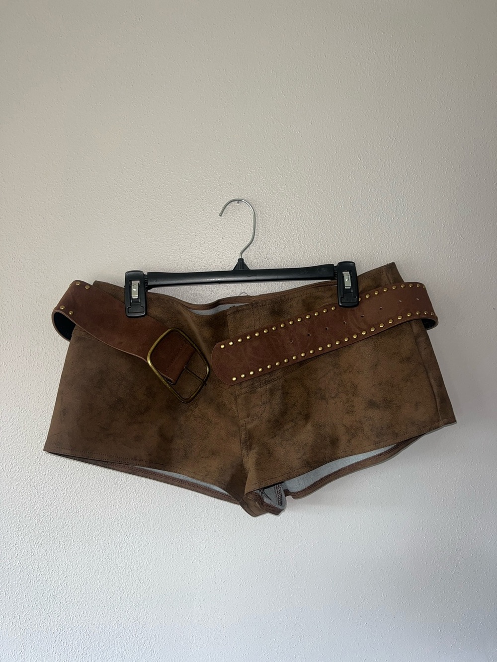 Brown Suede Women's Mini Shorts with Gold Studded Belt